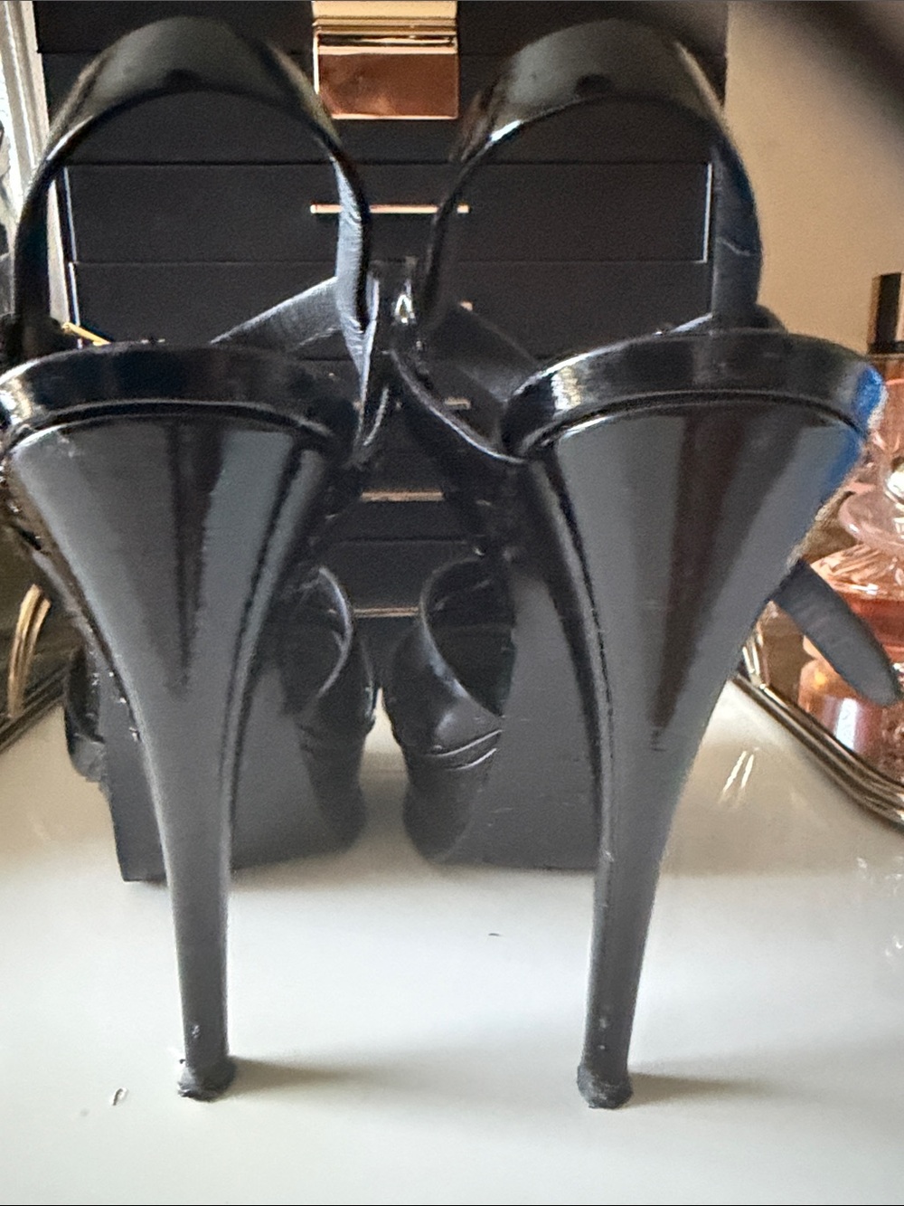 Saint Laurent Black Patent Leather Strappy Stiletto Sandals with Gold Buckle - Picture 4 of 5